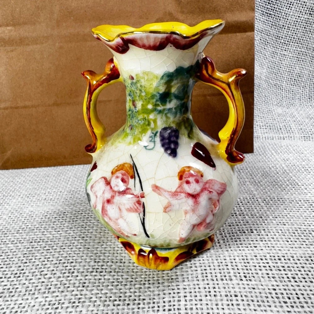 Vintage Japan Cherub Vase Crackle Glaze Double Handle Putti‎ Cottage Decor 4.5
